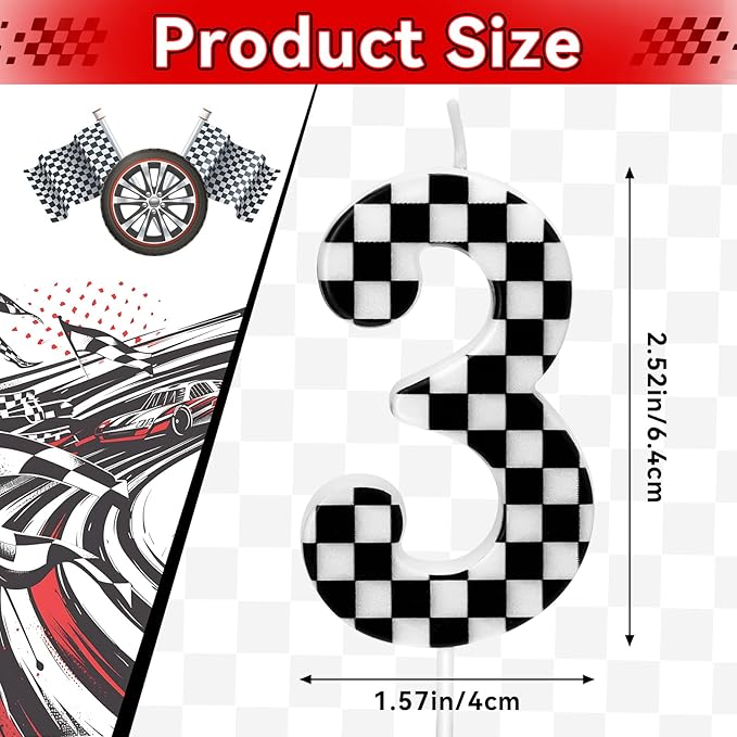 Racing Car Themed Birthday Candles, Number 3 Checkered Candles, Black & White Checkered Cake Topper, Cool Racing Themed Party Supplies, Special Candle