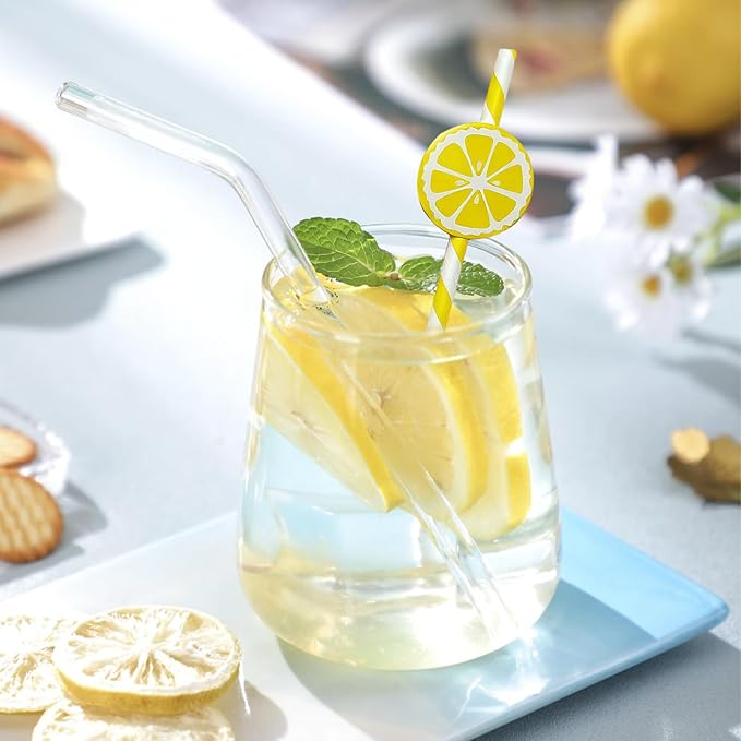60 Pcs Lemon Paper Straws, Yellow Striped Drinking Straws for Lemonade Stand Party Supplies Disposable Lemon Straw for Cocktails, Juice, Shakes, Summer Fruit Theme Birthday Decorations