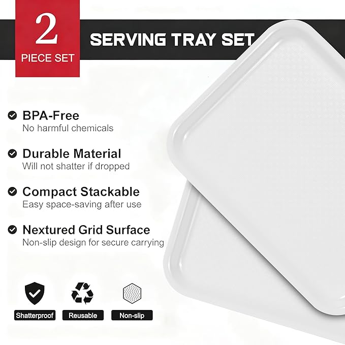 White Serving Trays Set of 2, 14.5" x 11" Melamine Rectangular Food Trays with Raised Edges, Non-slip Heavy Duty Platters for Restaurant, Party, Home Kitchen Large Trays, Commercial Grade Trays