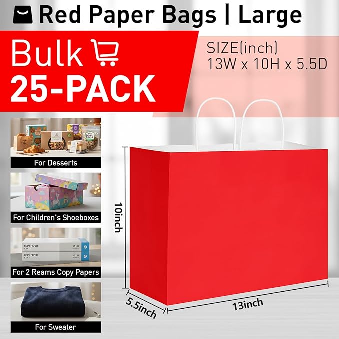 SUNCOLOR Red Gift Bags with Handles, 25 Pack Large 13x10x5.5 Inch Paper Party Favor Bags for Birthday Wedding Shopping Retail