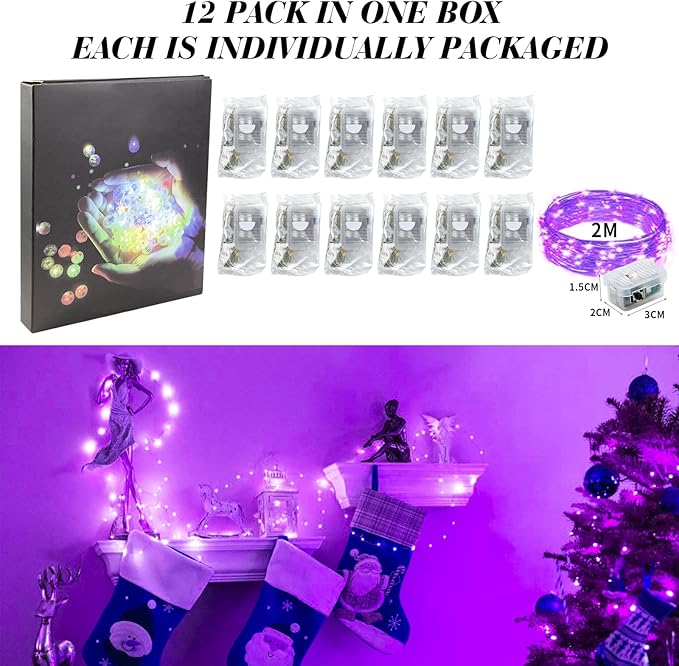 12 Pack Fairy Lights Battery Operated, 7ft 20 Mini LED Silver Wire Twinkle Lights for DIY, Parties, Wedding, Bedroom, Christmas Decoration (Purple)
