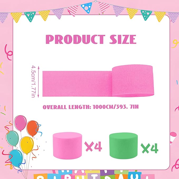 Pink and Green Crepe Paper Streamers 8 Rolls 32ft, Witch Theme Party Supplies Birthday Baby Shower Wedding Decorations