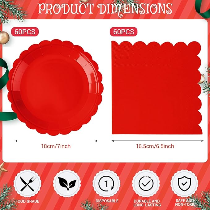 120 Pcs Red Paper Plates and Napkins Party Supplies Bulk Christmas Disposable 7 Inch Scalloped Plates Cocktail Napkins for Xmas Wedding Baby Shower Birthday Decorations, Serve 60 Guests