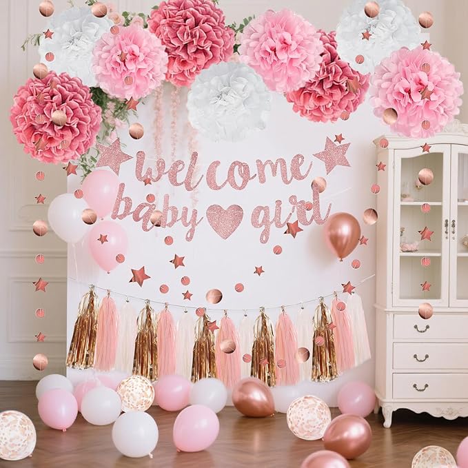 Pink Rose Gold Girl Baby Shower Decorations Welcome Baby Girl Banner, Pom Poms Flowers Tassels, Circle Dots Star Garland, Gender Reveal Birthday Party Supplies