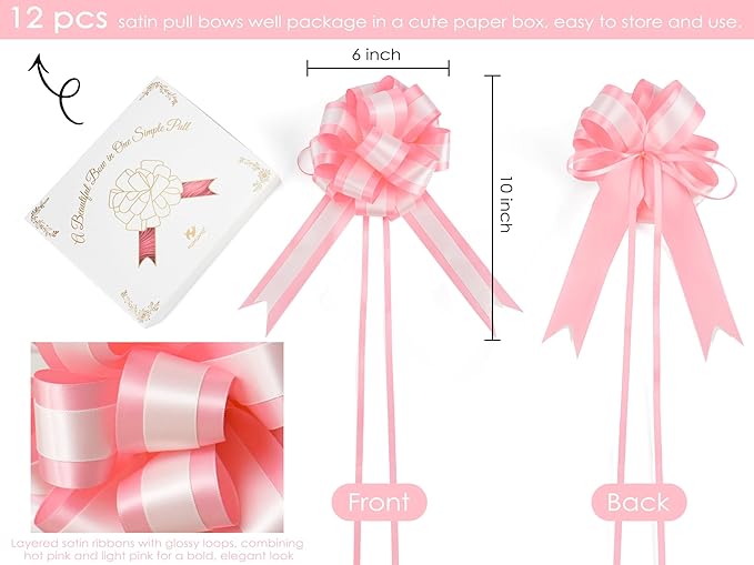 HUIHUANG Pink Pull Bows 12 PCS Baby Pink and White Double Layer Satin Pull Bows 6" x 10" Gift Bow for Gift Wrapping Gift Basket Flower Bouquets Baby Shower Favors Wedding Party Decor