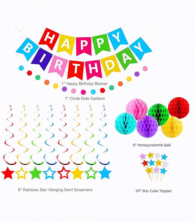 Happy Birthday Decorations, 50Pcs Rainbow Happy Birthday Banner Decorations for Men Women Party Supplies