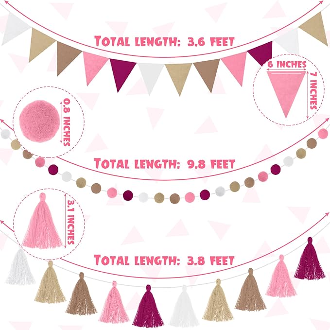 Irenare 9.8 ft Pom Pom Garland Felt Rainbow Garland 2026 Graduation Party Decoration Colorful Pennant Tassel Banner Back to School Birthday Triangle Banner for Classroom School Mantel(Pink)