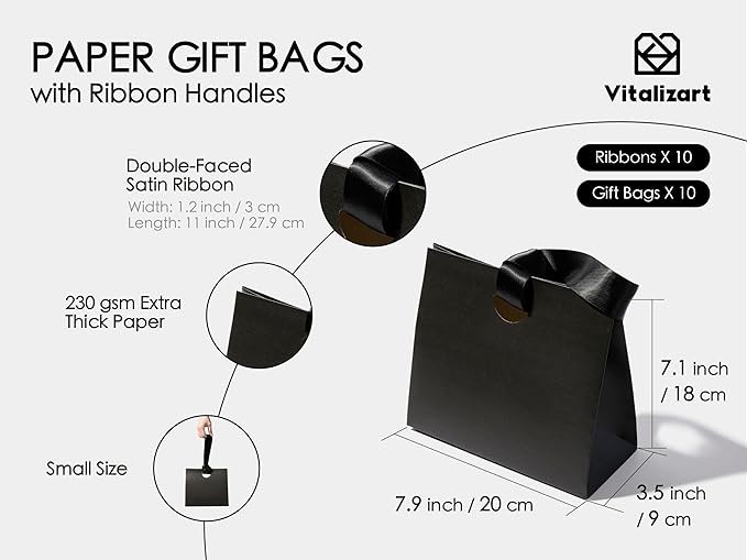 Vitalizart Paper Gift Bags With Ribbon Handles Set of 10 Black Bulk Reusable For Gift Wrap Girls Kids Birthday Bridal Shower Party Favors Goodie Bags Candy Toys Christmas 7.87"x3.54"x7.09" Small Size