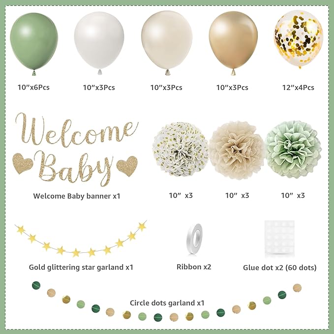 Baby Shower Decorations Sage Green Balloons Welcome Baby Banner, Pom Poms Flowers , Circle Dots Star Garland, Boys or Girls Gender Reveal Birthday Party Supplies