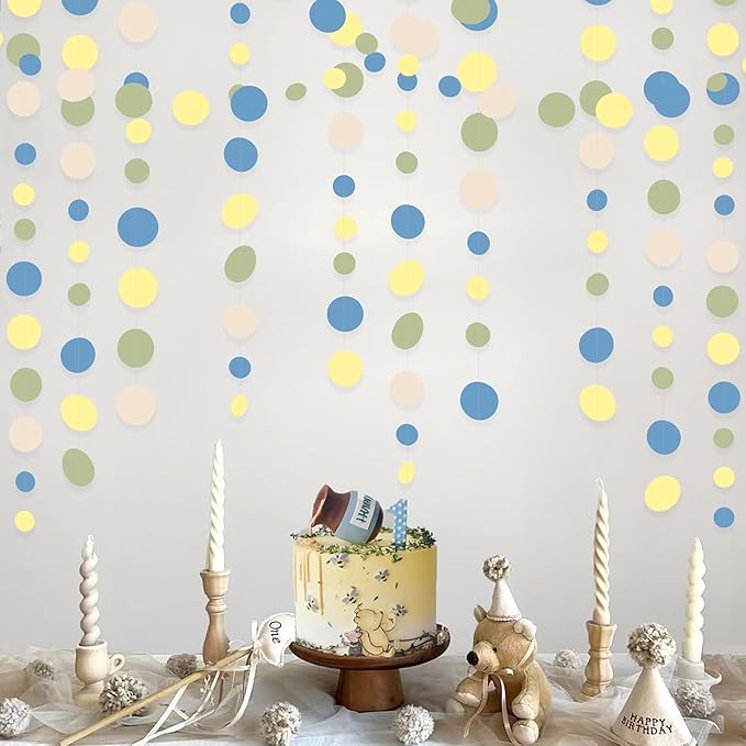 Sage Green Dusty Blue Yellow Beige Polka Dots Garlands Olive Green Macaron Yellow Dusty Blue Sand White Cream Nude Hanging Paper Circle Dots Streamer for Birthday Baby Shower Wedding Party Decorations