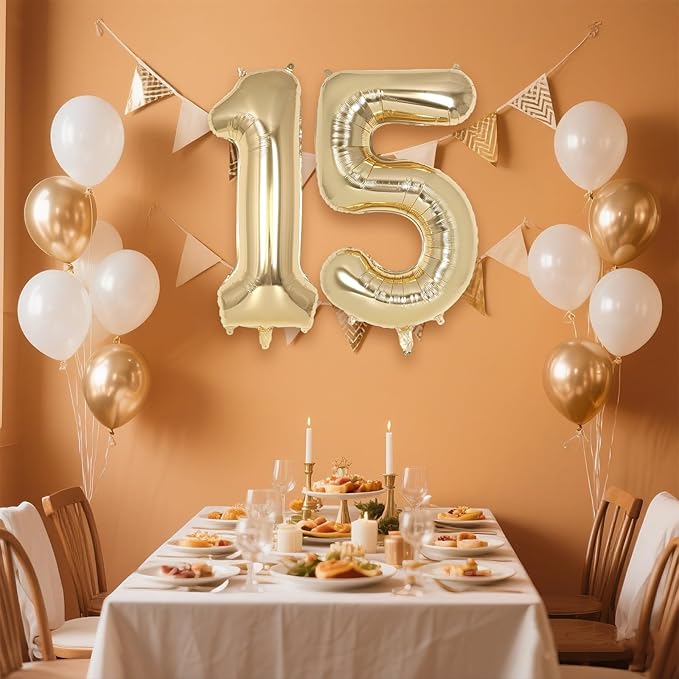 Champagne Gold Large Number 15 Balloon, 40 Inch Light Gold Foil Helium Number Balloons, Giant Mylar Number 15 Balloons for 15 Years Old Birthday Party Anniversary Decorations (Champagne Gold 15)
