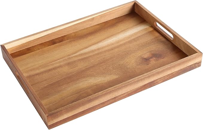 2 Pack Wood Serving Tray, 11.41 x 15.7 Inches Wooden Decorative Trays with Handles for Breakfast, Food, Drinks, Brown, Rectangle