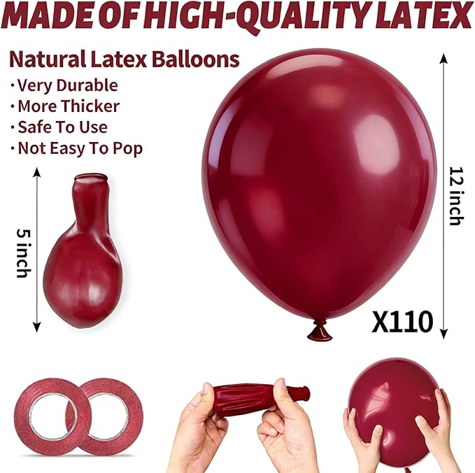 110pcs Burgundy Red Balloon 12 Inch, Burgundy Red Latex Balloons for Birthday Party Baby Shower Wedding(with 2 Ribbons).
