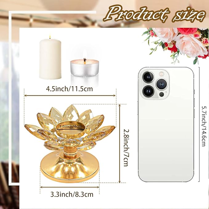 12 PCS Gold Crystal Flower Tea Light Holder Bulk, Glass Tealight Candlestick with Metal Base, Votive Candle for Table Centerpiece, Wedding/Parties Decor, Nice Gift