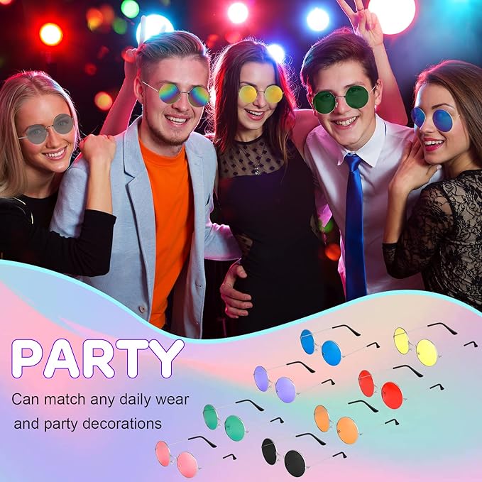 ONESING 8-20 Pairs Round Hippie Sunglasses Circle Sunglasses for Women Glasses Multicoloured Hippie Headband Disco Party