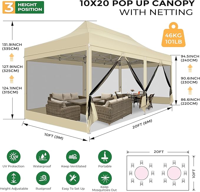 COBIZI 10x20 Heavy Duty Pop Up Canopy Tent with 6 Sidewalls, Easy Set Up Outdoor Waterproof Screen Commercial Party Tent with Mosquito Netting for Parties Backyard Patio, Roller Bag, Khaki