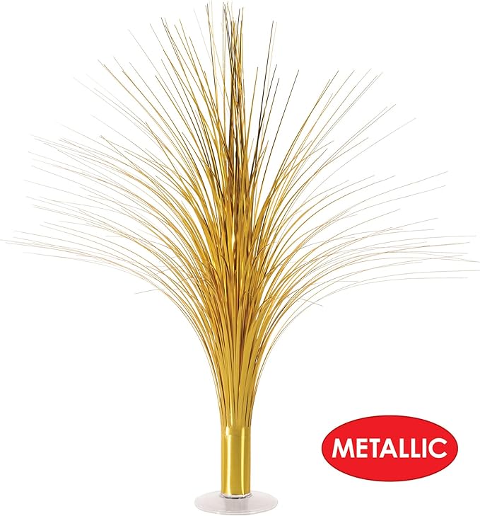 Beistle Metallic Spray Centerpieces - 2-Pack Elegant Gold Table Decorations with Clear Base, Shimmering Foil Sprays for New Year’s Eve, Hollywood Awards Night, Graduation and Celebration Events, 19”