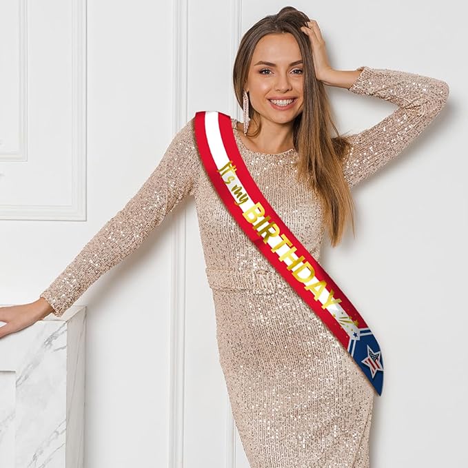 It's My Birthday Sash with Gold Foil - American Flag Birthday Sash Decorations for Girls or Boys, Women or Men, Sweet 16, 18th 21st 30th 40th or Any Happy Bday Party, USA Flag, Independence Day