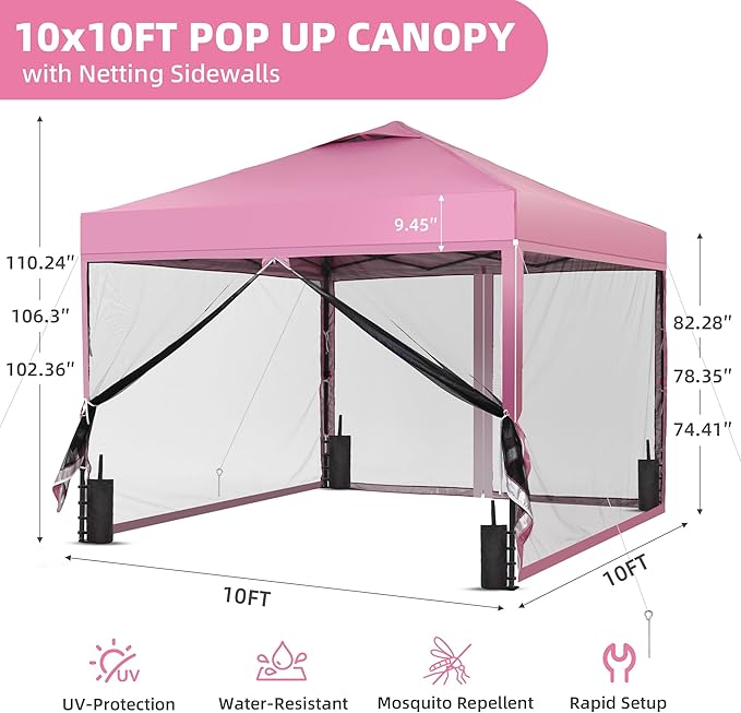 GDY 10x10 Pop up Canopy Tent with Mosquito Netting, Easy up Gazebo for Patio, Camping and Garden, Includes 4 Sandbags, Pink