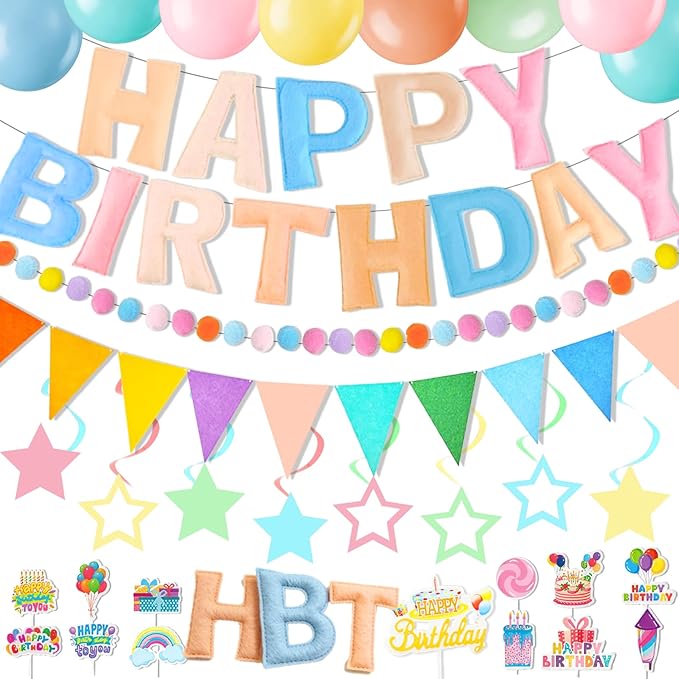 43PCS Pre-Strung 3D Felt Happy Birthday Banner, Macaron Color Happy Birthday Fabric Banner Felt Pom Garland Triangle Fabric Happy Birthday Banner for Handmade Felt Reusable Birthday Banner Supplies