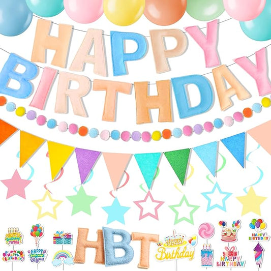 43PCS Pre-Strung 3D Felt Happy Birthday Banner, Macaron Color Happy Birthday Fabric Banner Felt Pom Garland Triangle Fabric Happy Birthday Banner for Handmade Felt Reusable Birthday Banner Supplies