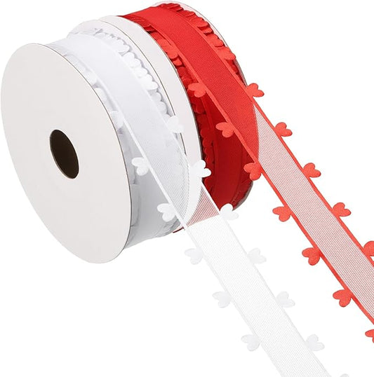 PATIKIL 1 Inch x 20 Yard Organza Chiffon Ribbon Set, Sheer Heart Decorative Ribbon for Valentine's Day Gift Wrapping Wreath Bow Craft DIY Decoration, Red,White
