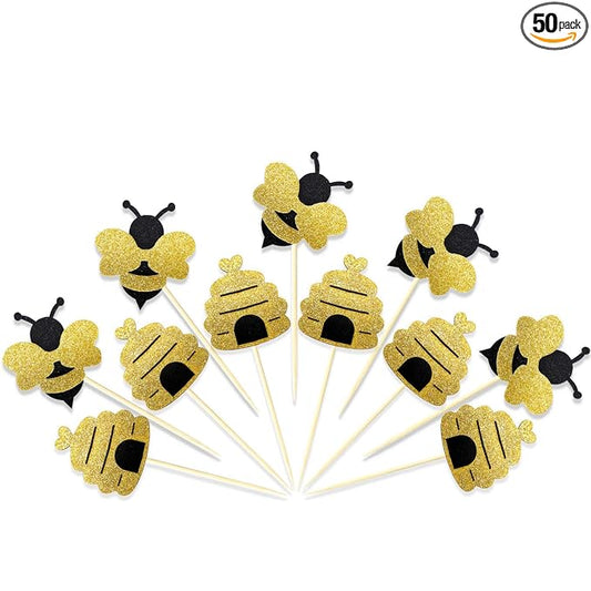 50 Pieces Bee Toothpicks Bulk Bee Cupcake Toppers Glitter Bee Cake Picks Decorations for Birthday Party Favors Supplies