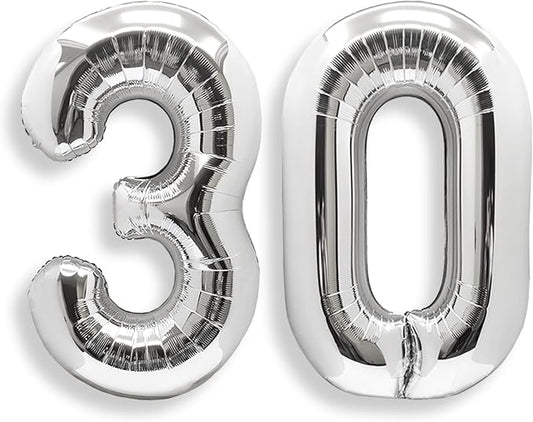 AULE 40 Inch Jumbo Silver Foil Mylar Number Balloons for Men Women 30th Birthday Party Decorations 30 Years Old Anniversary Party Supplies