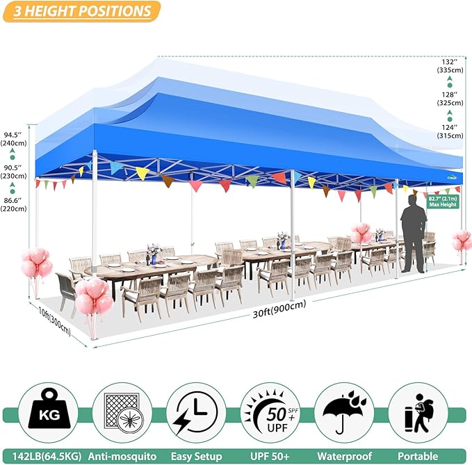 COBIZI 10x30 Pop Up Canopy with Sidewalls, Heavy Duty Canopy with Mosquito Netting, Easy up Screen Party Tents for Parties Backyard Outdoor Commercial Event Gazebo with Roller Bag, Sandbags, Blue