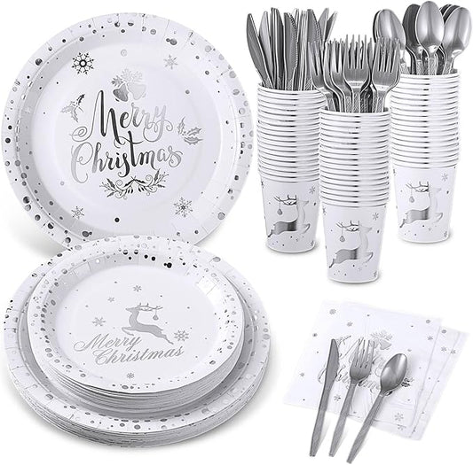 175 Pcs Merry Christmas Party Dinnerware Foil Dots Christmas Paper Plates Set Elk Disposable Xmas Plates Napkins Cups for New Year Wedding Birthday Baby Shower Party Supplies Decoration (White Silver)