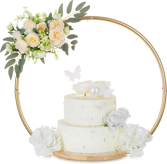 Hanobe Gold Cake Stand for Wedding: 11.7 Inch Round Arch Cupcake Display Stands with Wood Base Decorative Metal Hoop Centerpiece Decor for Party Birthday Baby Shower