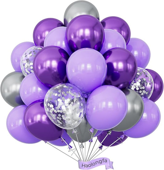 Purple and Silver Balloons,12 Inch 60pcs Pastel Purple Balloon with Silver Confetti Balloon,Lavender Balloons for Mother's Day Birthday Baby Shower Graduation Wedding Party Decorations