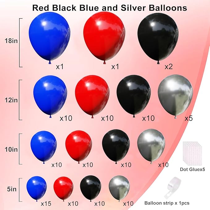Red Blue and Silver Balloon Arch Garland Kit, Black Red Blue Confetti Silver Balloons for Man Boys Kids Baby Shower Birthday Graduation Party Decorations