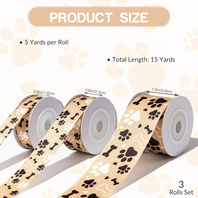 Dog Paw Print and Bone Ribbon Set 3 Rolls Animal Print Grosgrain Ribbons 5/8", 7/8", 1.5", Pet Themed Puppy Party Favor Ribbon for Dog Gift Wrapping, Crafts, Bows, Treat Bags, Pet Decorations