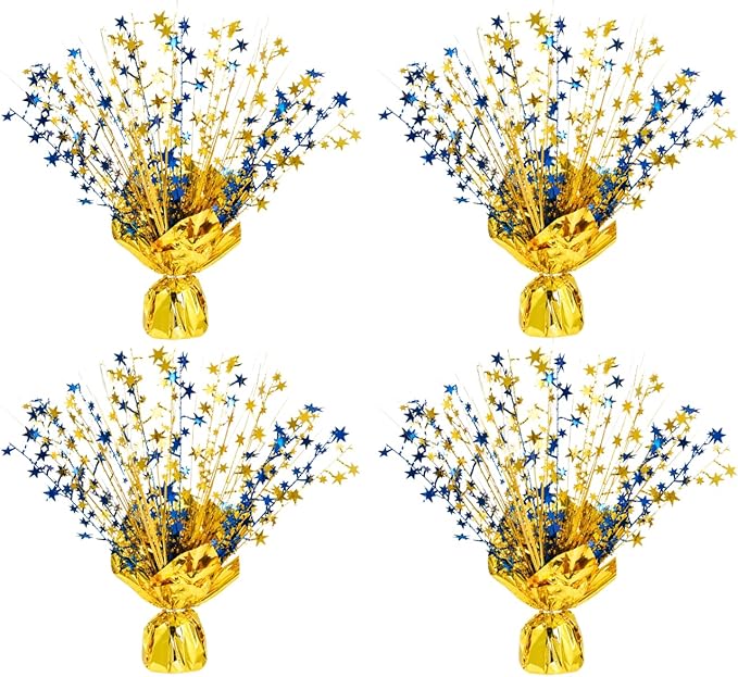 4 Pack Metallic Foil Spray Centerpiece Stars for Wedding, Birthday, Anniversary, Christmas Table Decor, Holiday Festival Baby Shower Graduation Mantle Party Decorations (Gold&Blue)