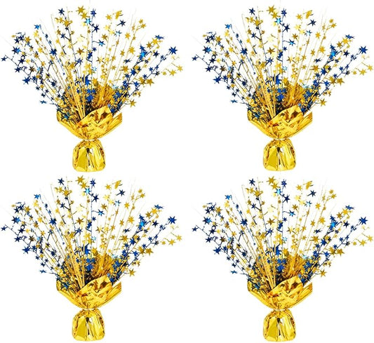 4 Pack Metallic Foil Spray Centerpiece Stars for Wedding, Birthday, Anniversary, Christmas Table Decor, Holiday Festival Baby Shower Graduation Mantle Party Decorations (Gold&Blue)