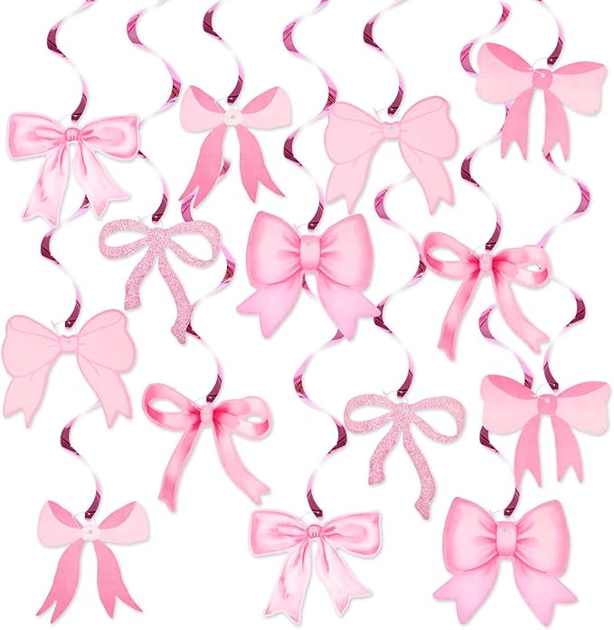 jijAcraft Pink Bow Garland, 20Pcs Bow Birthday Banner, Girl Theme Party Garland Banner, Pink Swirls Decoration for Baby Shower, Bridal Shower, Bachelorette