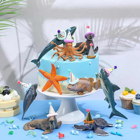 Colingmill 18 Pcs Sea Animal Birthday Party Decorations Mini Birthday Hat Animal Figure Model Cake Toppers with Mini Hat for Animals Themed Party