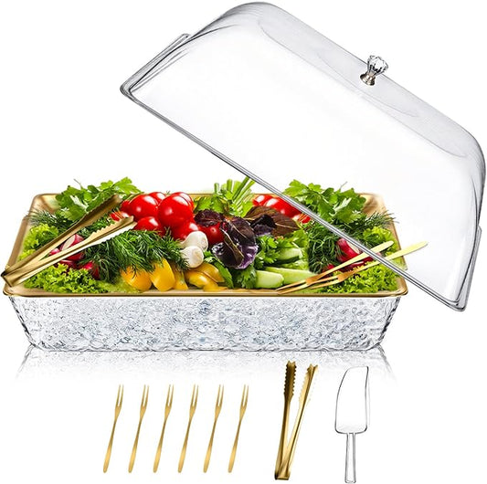 Baderke 1 Set 16" x 9" Chilled Serving Tray for Parties with Compartments and Lid Charcuterie Serving Board Ice Rectangle Chilled Party Platter for Seafood Vegetable Fruit Shrimp Cocktail (Gold)