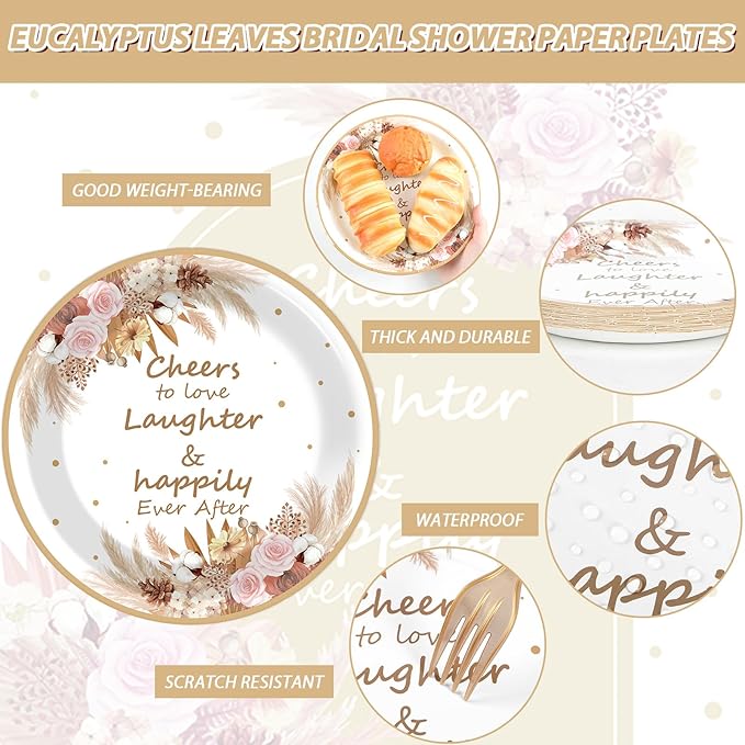 OBUSATT Boho Bridal Shower Party Supplies: 96Pcs Boho Floral Wedding Paper Plates, Napkins, Forks - Disposable Party Decorations for Engagement, Birthday, Wedding Parties