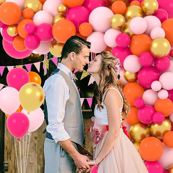 Hot Pink Orange Gold Balloon Garland Arch, 122PCS Rose Red, Metallic Gold Balloons Pink and Orange Party for Wedding Birthday Anniversary Valentine Day Party Decors