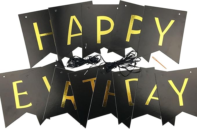 Fecedy Black Happy Birthday Bunting Banner with Shiny Gold Letters Pre-Strung No DIY for Birthday Party Decorations (Black)