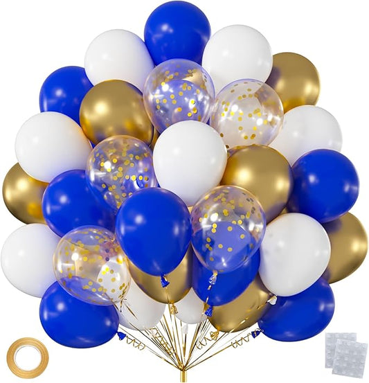 60pcs Royal Blue Gold Balloons, 12 Inch Dark Blue White Metallic Gold & Gold Confetti Balloon Kit for Graduation 2026 Anniversary Birthday Party Decorations (with Ribbon & Adhesive Dots)