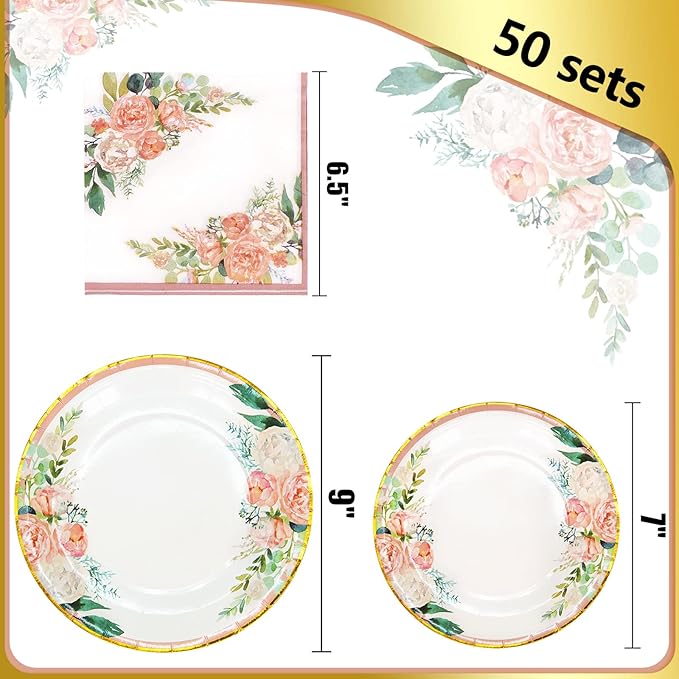 Boosolo Floral Party Supplies - Paper Plates and Napkins Sets for 50 Guests - Include Floral Party Disposable Paper Dinner Plates, Napkins for Baby or Bridal Shower, Birthday, Wedding
