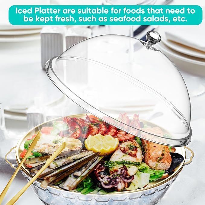 Baderke 11.8" Chilled Serving Tray for Parties with Compartments and lid Ice Chilled Party Platter Charcuterie Serving Board Cold Dish Dip for Fruit Seafood Vegetable Shrimp Cocktail(Gold,1 Pcs)