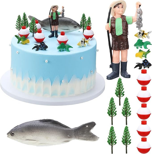 16 Pcs Gone Fishing Cake Decoration Gone Fishing Cake Topper Birthday Party Supplies for Man Kids Boy Girls Fisherman Themed Party Decor, Mixed Styles