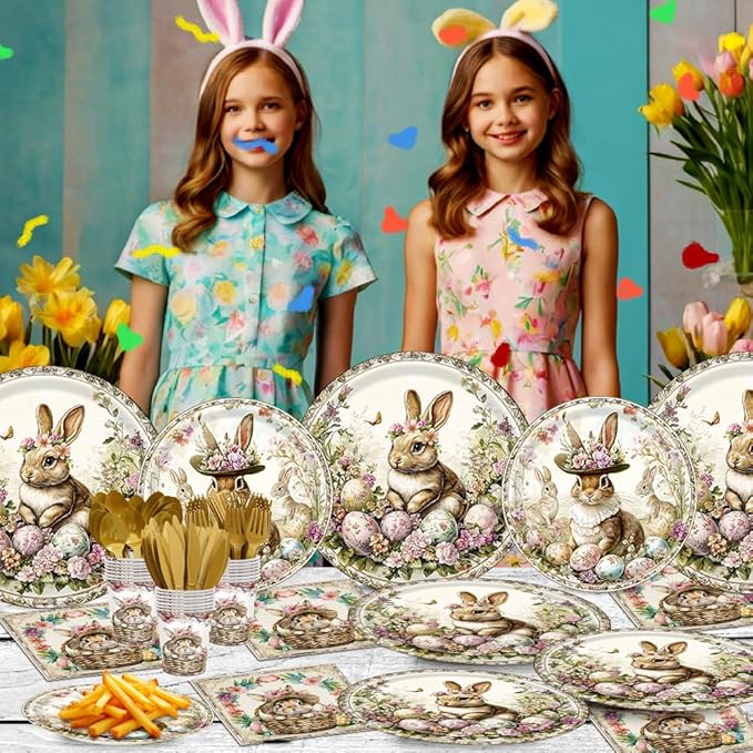 140Pcs Vintage Easter Party Rabbits Plates and Napkins Easter Day Party Supplies Gorgeous Palace-Style Bunny Eggs Paper Plates Birthday Party Decorations Rabbits Party Plates, Serves 20 Guests