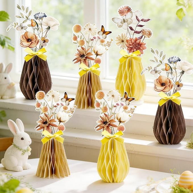 SUNBEAUTY Boho Flower Table Decoration 9Pcs Brown Floral Honeycomb Centerpieces Natural Party Decorations Paper Flower Table Decor for Home Rustic Wedding Baby Shower Neutral Birthday Party Supplies