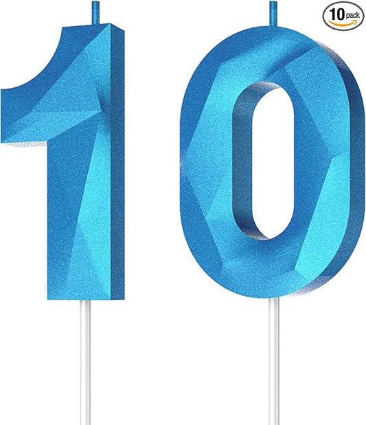 Number Birthday Candles(10 Candle Blue) 3D Diamond Shape Number Happy Birthday Cake Candles for Birthday Party Wedding Decoration Reunions Theme Party