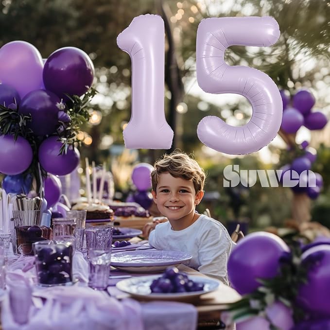 SUWEN 40 Inch Light Purple Large 15 Balloon Number Big Foil Helium Lavender Number Balloons Huge Mylar 0-9 Giant Jumbo Happy 15th Birthday Party Anniversary Decorations
